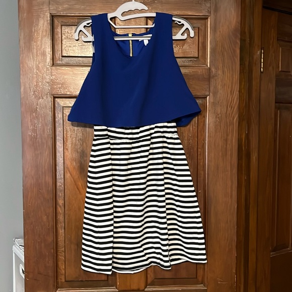 Blue and white/black stripe dress size large barely worn has a peplum overlay - Picture 1 of 4